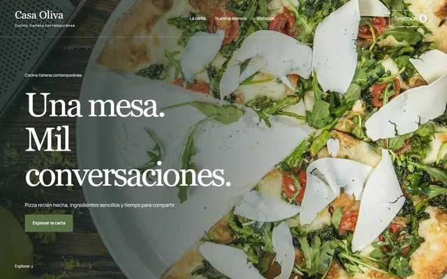Captura real de la web de demostración Casa Oliva: Una carta que invita a elegir.